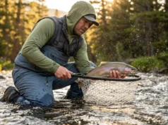 Best Fishing Net Guide: Boat, Bank & Kayak Picks Angler using a rubber mesh landing net to safely lift a trout from a rushing river during golden hour.