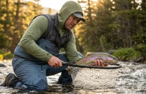 Best Fishing Net Guide: Boat, Bank & Kayak Picks Angler using a rubber mesh landing net to safely lift a trout from a rushing river during golden hour.