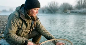 Best Fishing Nets to Keep Your Catch Alive Angler lifting a wild trout in a rubber-mesh fishing net at the water surface on a cool morning