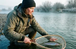 Best Fishing Nets to Keep Your Catch Alive Angler lifting a wild trout in a rubber-mesh fishing net at the water surface on a cool morning