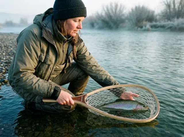 best-fishing-net-rubber-mesh-trout-release Angler lifting a wild trout in a rubber-mesh fishing net at the water surface on a cool morning