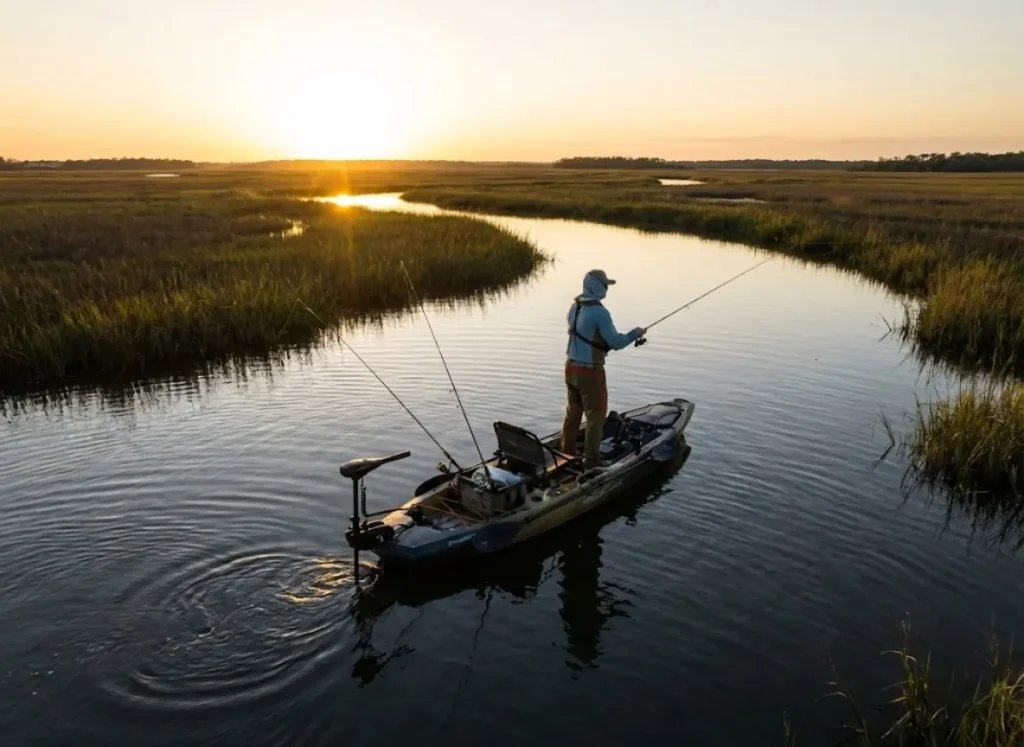 Kayak angler fishing at sunset using a trolling motor.