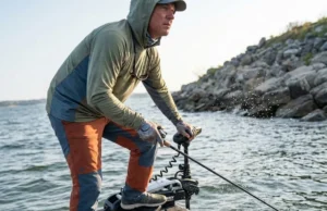 Best Trolling Motor Battery: 2026 Runtime & Buyer Guide Angler using a trolling motor to fight heavy wind and current on a lake.