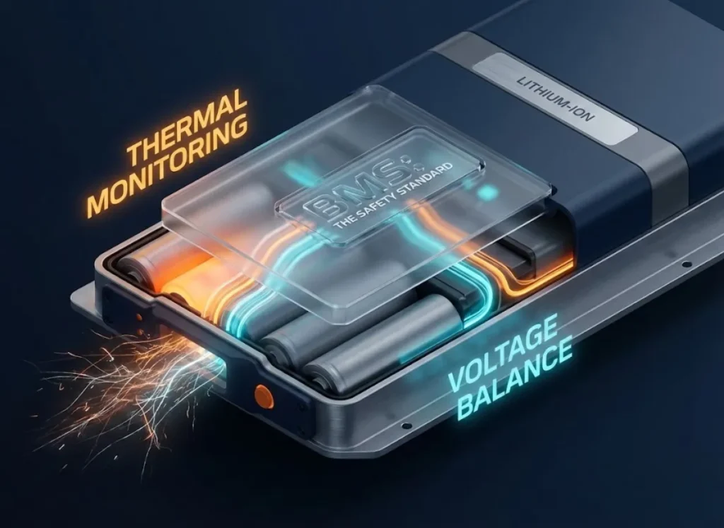 A high-tech, isometric 3D illustration of a Battery Management System (BMS) acting as a glowing digital shield over a lithium-ion battery pack, actively monitoring temperature and voltage with futuristic data visualizations.