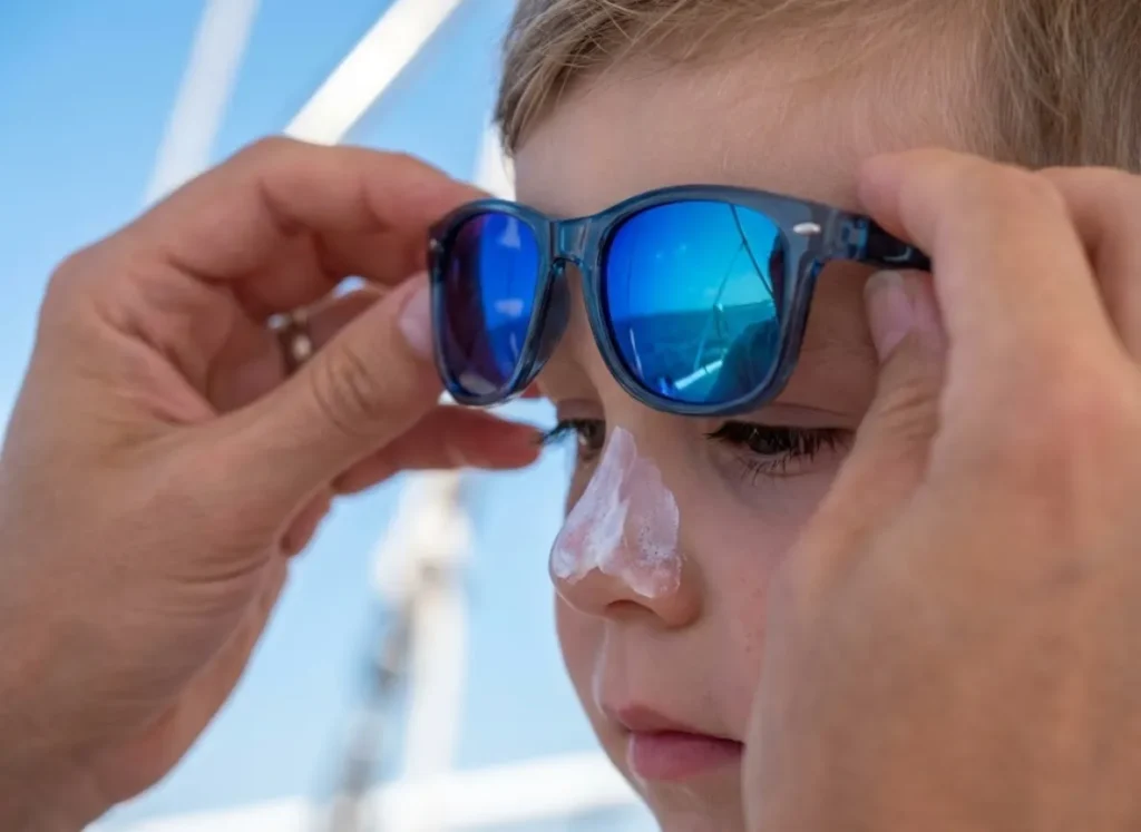 Close up of parent putting polarized sunglasses and sunscreen on a child before fishing.