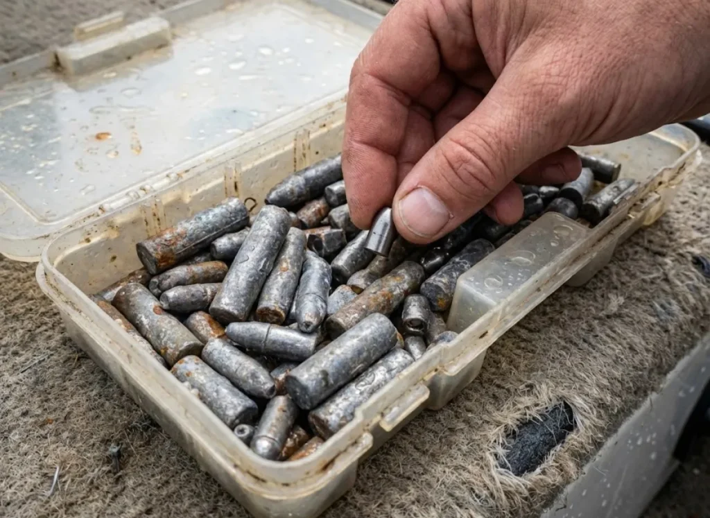 A hand selecting a specific fishing sinker from a tackle tray filled with various weights.