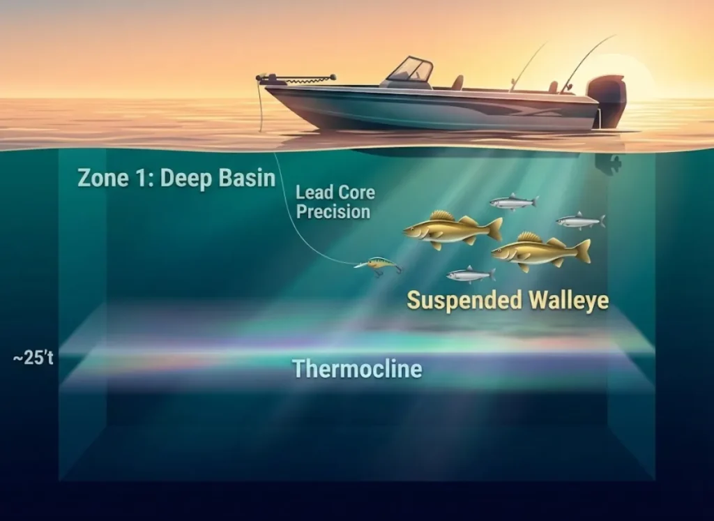 A premium 3D cross-section illustration of a lake showing a fishing boat trolling lead core line. The image visualizes the "Zone 1" concept, highlighting the thermocline layer deep underwater with suspended walleye and baitfish positioned just above it, rendered in a high-end editorial style.