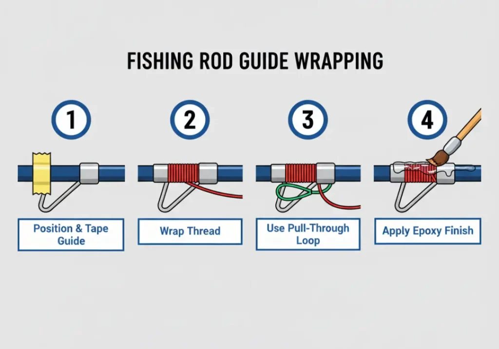 A 4-step diagram illustrating how to wrap a new guide on a fishing rod. Step 1 shows taping the guide in place. Step 2 shows wrapping the thread. Step 3 shows using a pull-through loop for a knotless finish. Step 4 shows applying an epoxy finish.