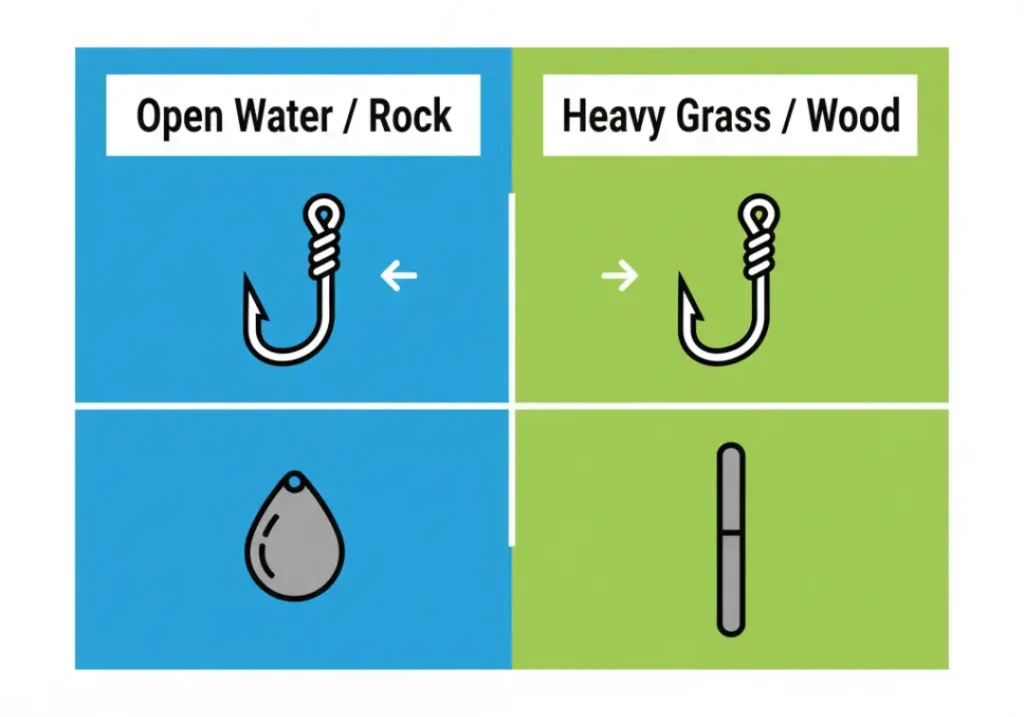 An infographic matrix for selecting drop shot tackle. It shows that for open water, an octopus hook and round weight are best, while for heavy grass, a wide-gap hook and cylinder weight are recommended.