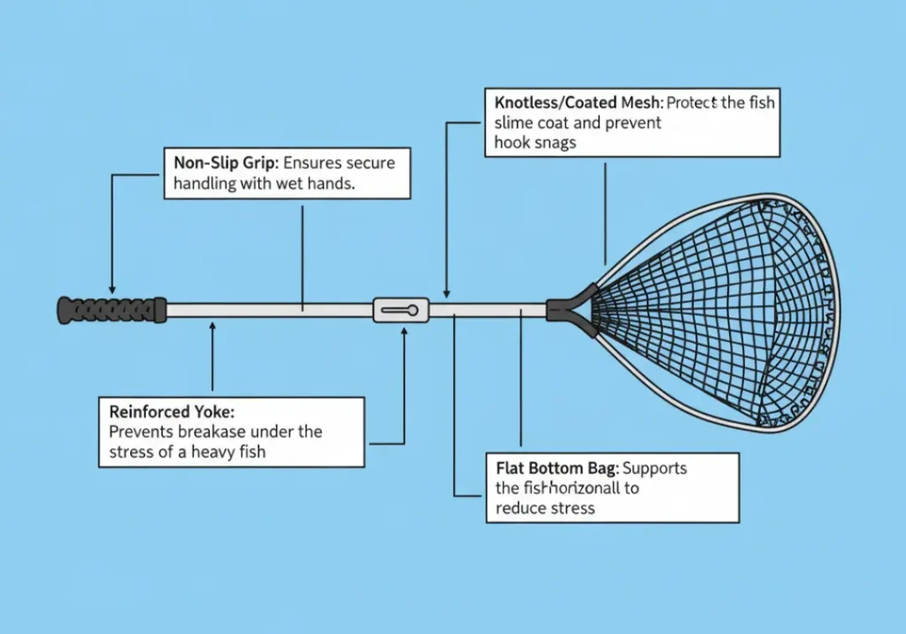 A diagram showing the anatomy of a high-performance landing net, with callouts labeling the non-slip grip, telescoping lock, reinforced yoke, knotless mesh, and flat bottom bag.