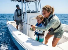 Best Family Fishing Vacations: Ranked by Family Vibe Mother helping young daughter reel in a fish on a family boat trip while father steers in background.