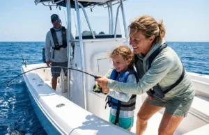Best Family Fishing Vacations: Ranked by Family Vibe Mother helping young daughter reel in a fish on a family boat trip while father steers in background.