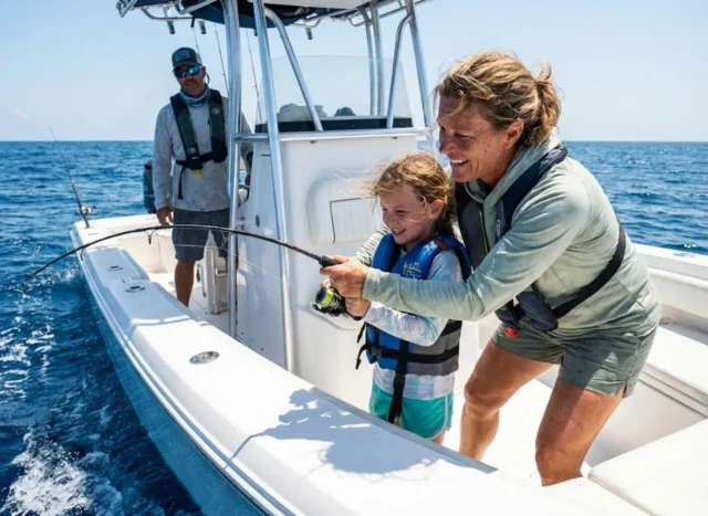 family-fishing-vacation-boat-action Mother helping young daughter reel in a fish on a family boat trip while father steers in background.
