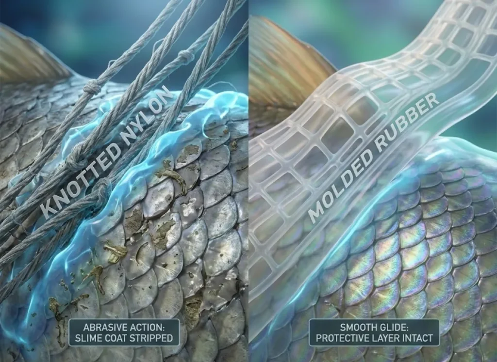 A split-screen macro infographic comparing fishing net materials. The left side, labeled 'KNOTTED NYLON', shows rough netting scraping away a fish's protective slime coat. The right side, labeled 'MOLDED RUBBER', shows smooth mesh gliding over the intact slime coat.