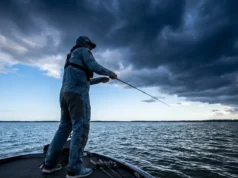 Fishing Barometric Pressure: Science & Lure Strategy An angler casting a fishing rod on a lake with a massive storm front rolling in, symbolizing rapidly falling barometric pressure.