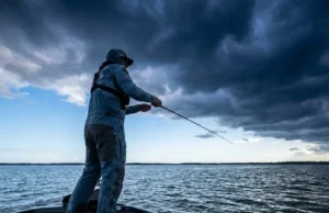 Fishing Barometric Pressure: Science & Lure Strategy An angler casting a fishing rod on a lake with a massive storm front rolling in, symbolizing rapidly falling barometric pressure.