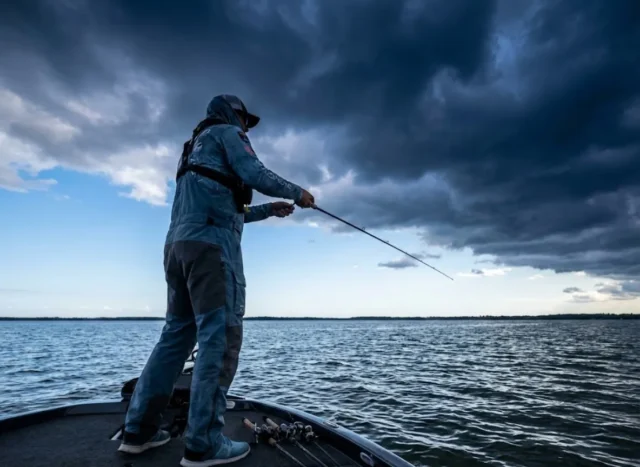 fishing-barometric-pressure-science-lure-strategy An angler casting a fishing rod on a lake with a massive storm front rolling in, symbolizing rapidly falling barometric pressure.