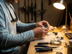 Fishing Gear Maintenance: The 3-Tier Care Protocol Close-up of an angler's hands repairing a fishing reel at a wooden workbench with tools scattered around.