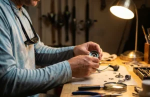Fishing Gear Maintenance: The 3-Tier Care Protocol Close-up of an angler's hands repairing a fishing reel at a wooden workbench with tools scattered around.