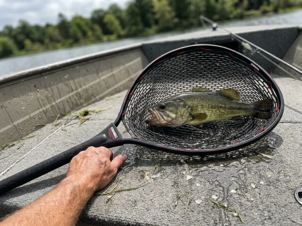 A rubber-mesh landing net laid beside a bass on a boat deck to show hoop size and bag depth