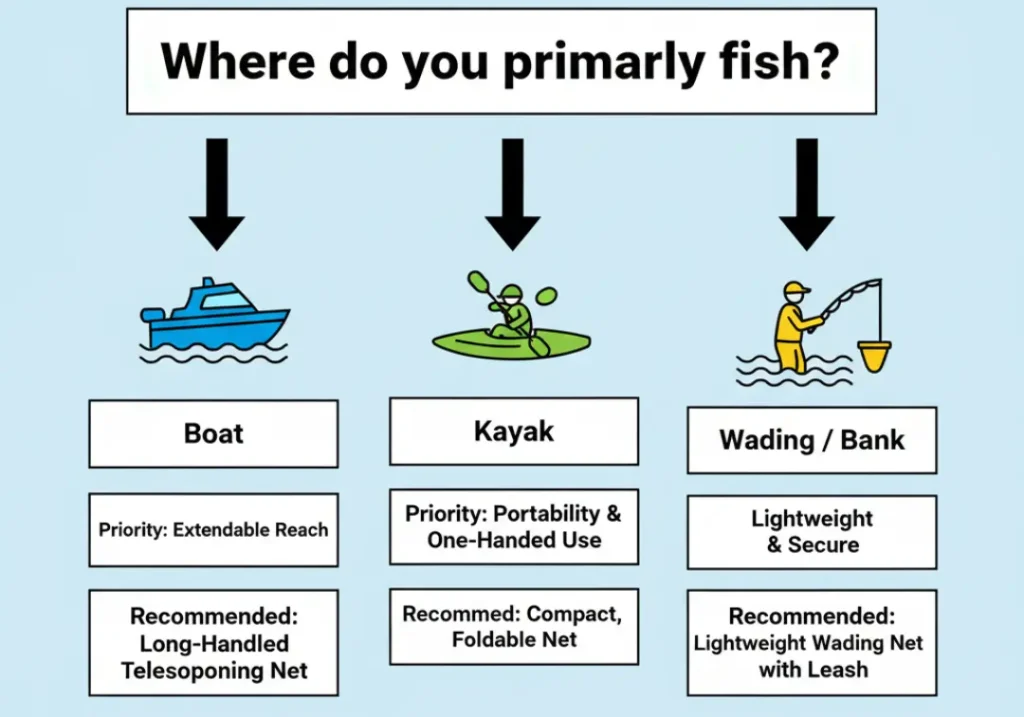 A flowchart explaining how to choose a fishing net based on your fishing style. Branches show that boat fishing requires a long-handled telescoping net, while kayak and wading anglers need portable, lightweight nets.