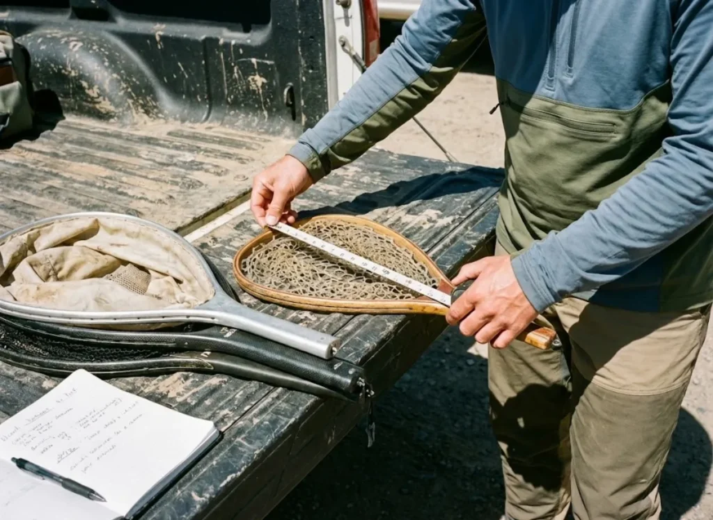 Various fishing nets laid out on a truck tailgate for testing and measurement during gear review.