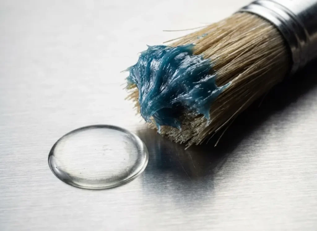 Macro comparison showing the texture of thick blue marine grease on a brush next to a drop of thin reel oil.
