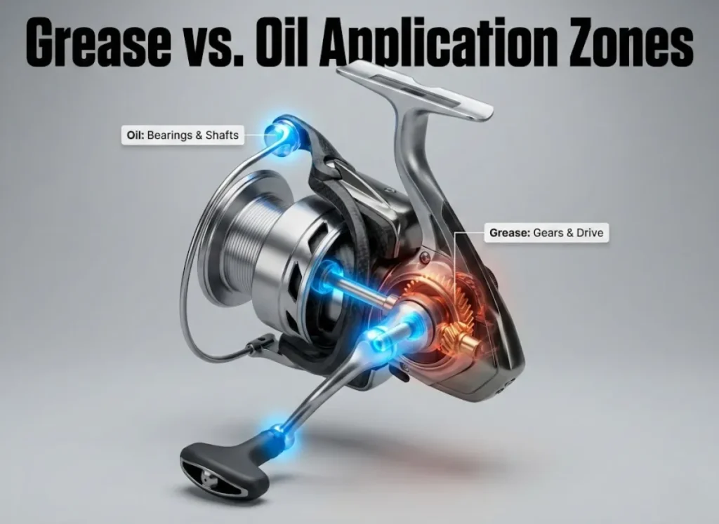 A detailed 3D infographic of a high-end spinning fishing reel, displaying color-coded anatomy for maintenance. Blue glowing zones indicate oil application points like the line roller and bail arm, while red glowing zones indicate grease application for gears.
