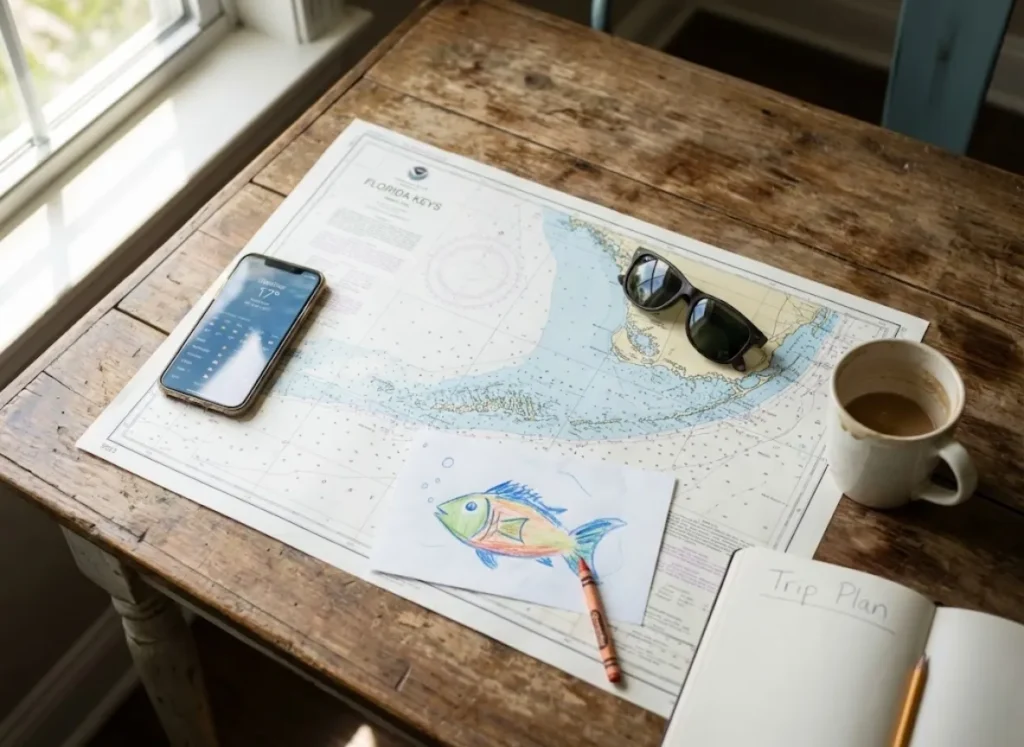 Overhead view of nautical maps, smartphone, and notebook on a wooden table for vacation planning.