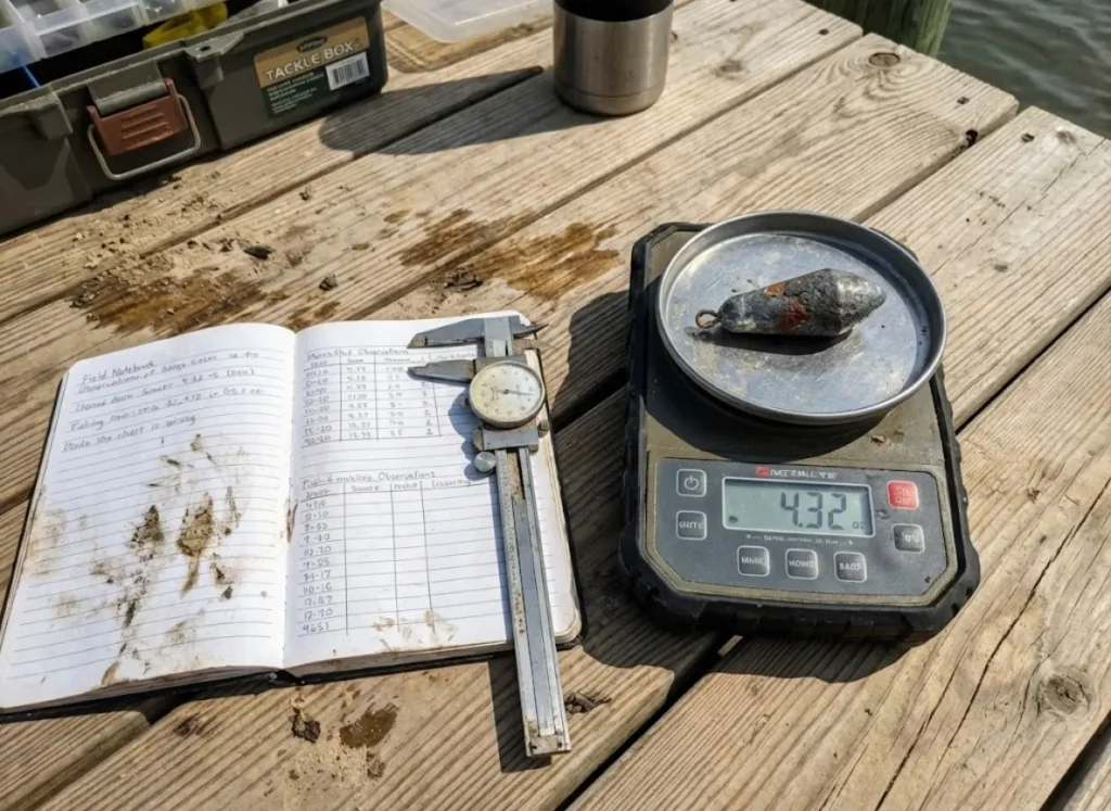 A digital scale and calipers measuring fishing weights on a wooden dock.