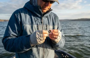 Fishing Weights Guide: Types & When to Use Them An angler threading a fishing line through a tungsten weight on a boat.