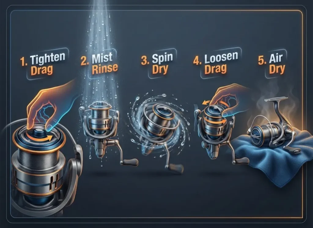 A stylized, high-end infographic titled "The 5-Minute Post-Trip Ritual" displaying a five-step process for cleaning fishing reels. The visual steps include icons for tightening the drag, mist rinsing, spin drying, loosening the drag, and air drying, rendered in a blend of 3D realism and vector art.