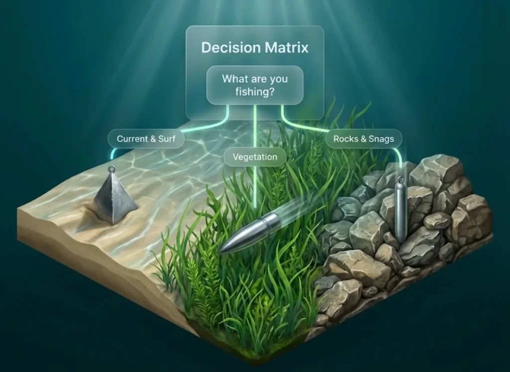A high-definition, 3D infographic illustrating a decision matrix for fishing sinkers. The image shows a cross-section of underwater environments—sand with current, thick grass, and jagged rocks—connected by a flowing visual path to their corresponding weights: Pyramid, Bullet, and Cylinder sinkers.