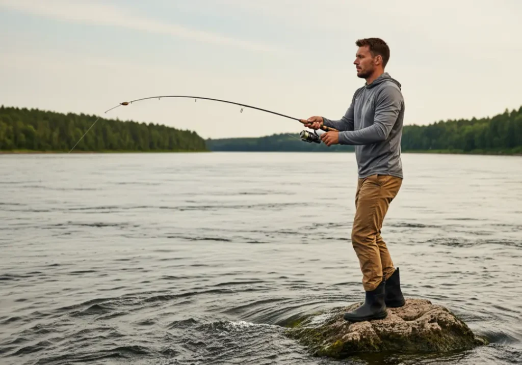 A full-body shot of a fit male angler in his late 20s casting a fishing line from a rocky shoreline.