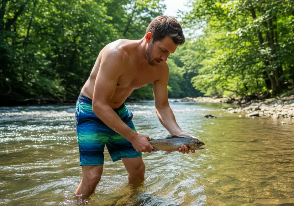 A full-body shot of a man in boardshorts standing in a river and unhooking a trout that is in a rubber net in the water.