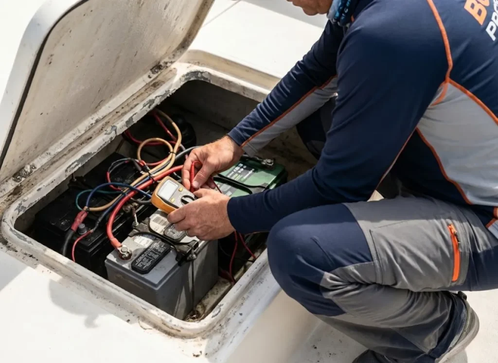 Angler using a multimeter to test marine batteries in a boat bilge.