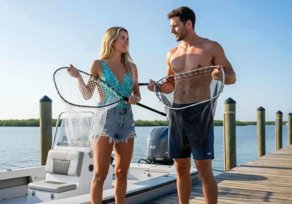 A young couple stands on a dock, each holding a different type of fishing net to compare them before making a choice.