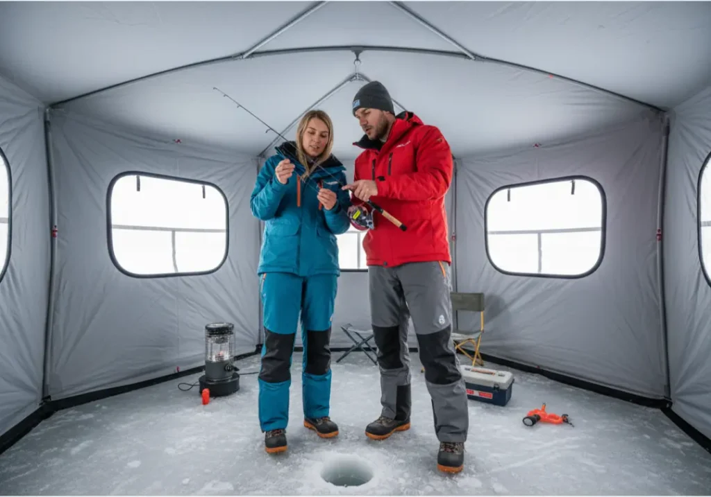 A young couple in an ice fishing shelter comparing two different ice fishing rod and reel combos.