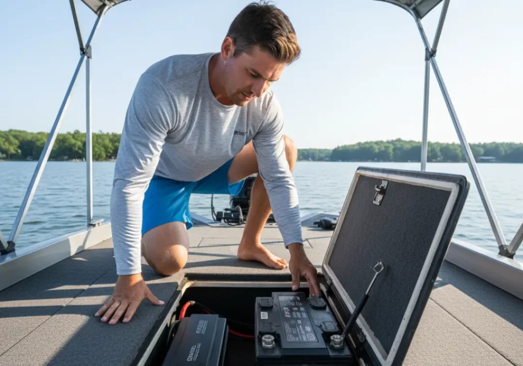 A man in fishing apparel kneels on his boat, comparing a lithium battery and an AGM battery inside a storage compartment.