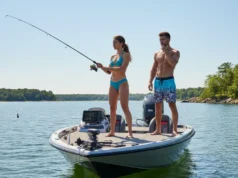How to Drop Shot: A Complete Finesse Rigging Guide An attractive couple in their late 20s fishing from a bass boat on a sunny day using the drop shot technique.