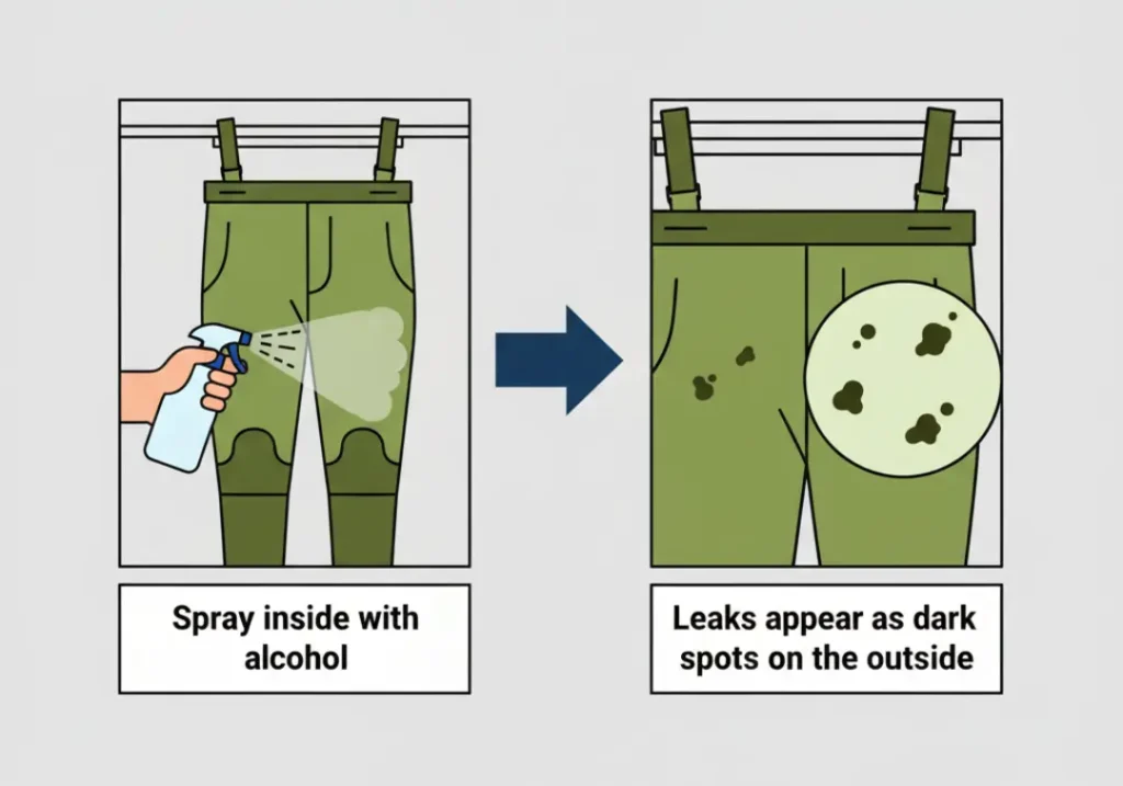 A two-panel diagram showing how to find wader leaks. Panel 1 shows spraying the inside of the waders with rubbing alcohol. Panel 2 shows a close-up of the outside fabric where small, dark spots have appeared, indicating the leaks.