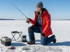 Ice Fishing Combos: Matching Gear to Your Technique A full-body shot of a young woman in modern winter gear ice fishing on a sunny day on a frozen lake.