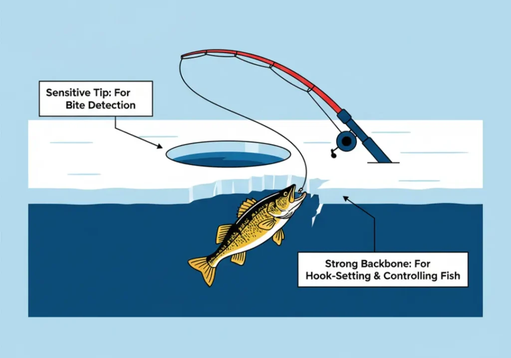 An infographic diagram illustrating how an ice fishing rod's backbone works, showing a bent rod over an ice hole with labels for the 'Sensitive Tip' and the 'Strong Backbone' which is used to control a large fish underwater.