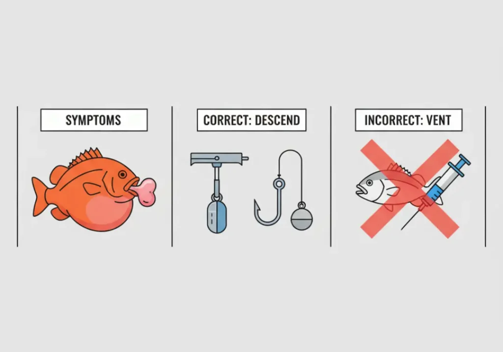 A 3-panel infographic on fish barotrauma. Panel 1 shows a fish with a bloated belly and stomach protruding from its mouth. Panel 2 shows correct descending devices. Panel 3 shows the incorrect method of venting with a needle, crossed out with a red 'X'.