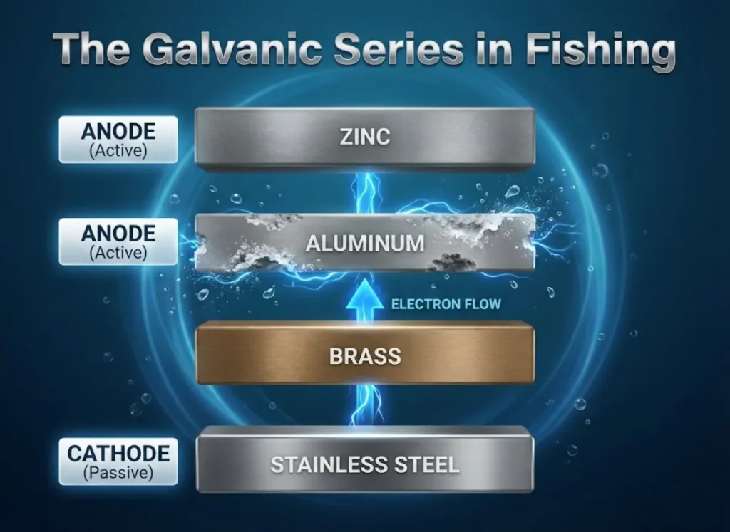 A 3D scientific infographic titled "The Galvanic Series in Fishing," displaying a vertical hierarchy of metal textures from Aluminum to Stainless Steel, illustrating electron flow and corrosion risks in a saltwater environment.