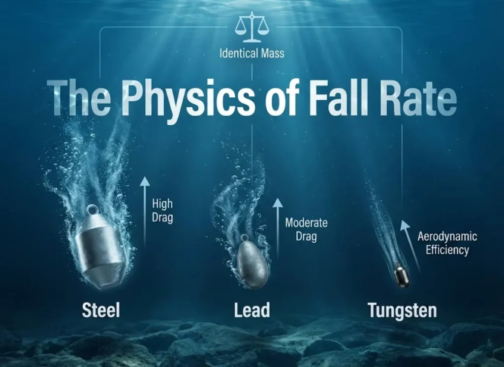A realistic 3D underwater comparison showing three fishing sinkers of the same weight but different sizes—Steel (largest), Lead (medium), and Tungsten (smallest)—falling through water. The Tungsten weight creates less drag.