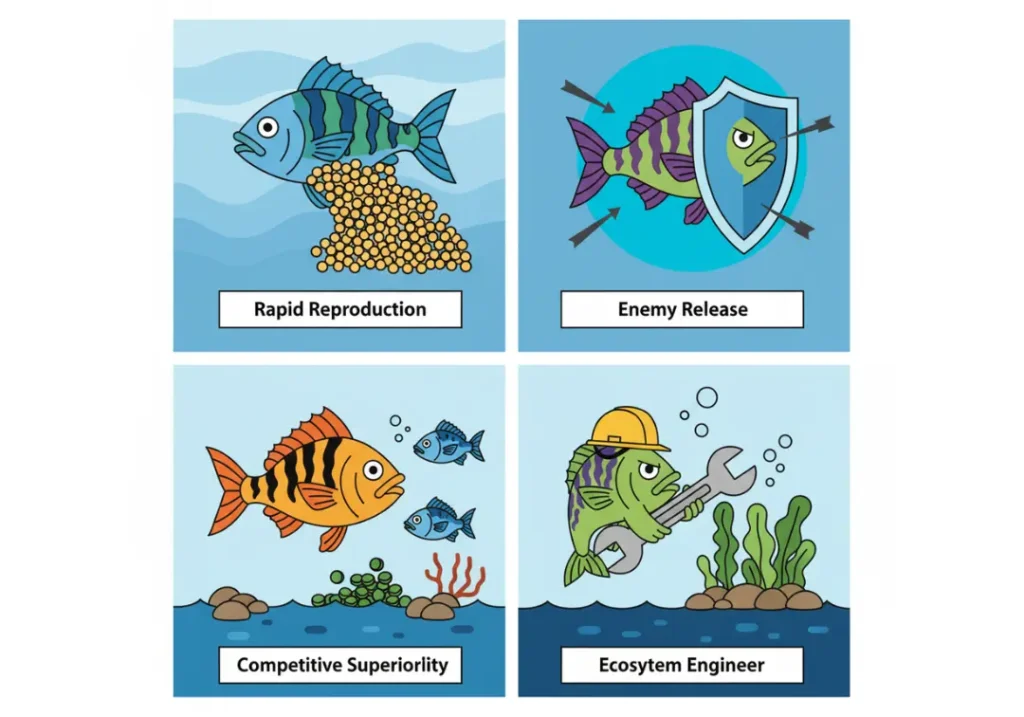 An infographic illustrating the four key traits of successful invasive species: Rapid Reproduction, Enemy Release, Competitive Superiority, and Ecosystem Engineer, shown with simple vector icons in a four-panel grid.