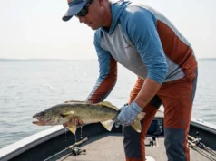 Late Summer Walleye Fishing: The 3-Zone Tactical Map Angler holding a large walleye on a sunny lake during late summer.