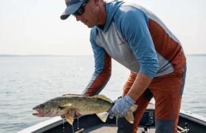 Late Summer Walleye Fishing: The 3-Zone Tactical Map Angler holding a large walleye on a sunny lake during late summer.