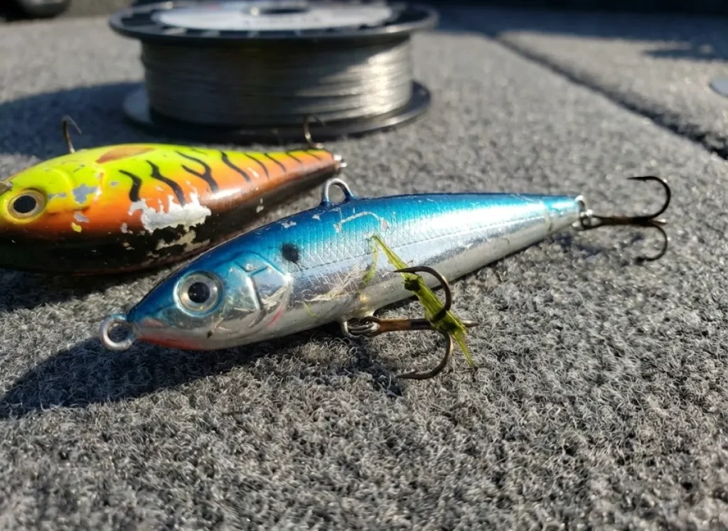 Close up of Jigging Raps and crankbaits used for summer walleye fishing.